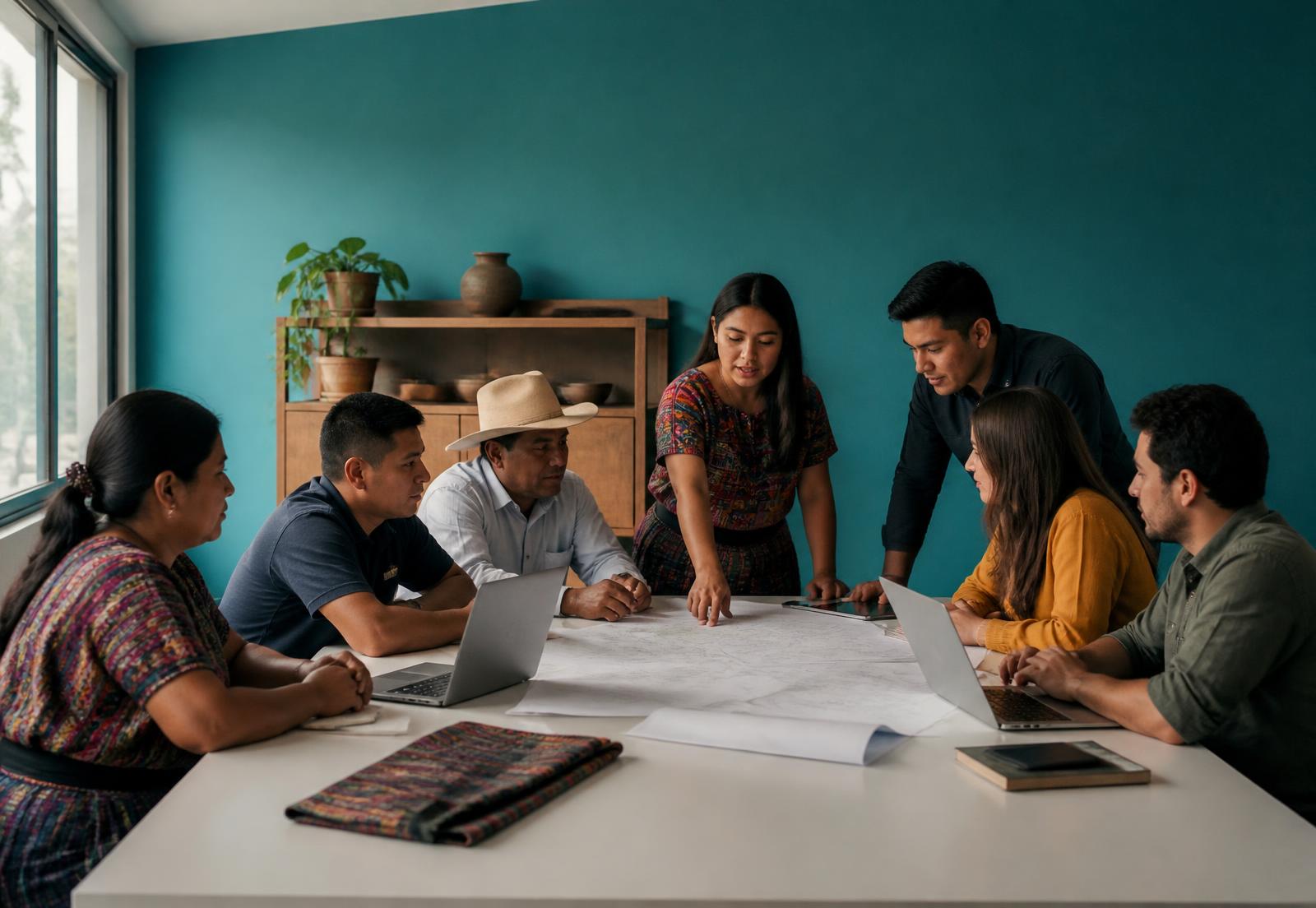 Equipo de trabajo y líderes comunitarios planificando un proyecto